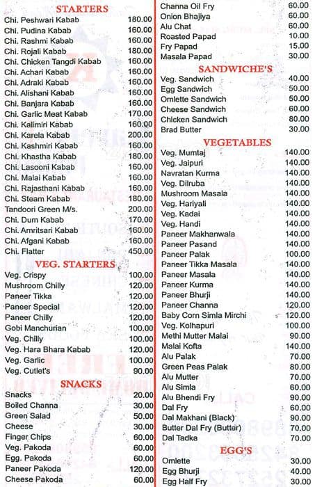 Menu at Kaveri Punjab, Mumbai