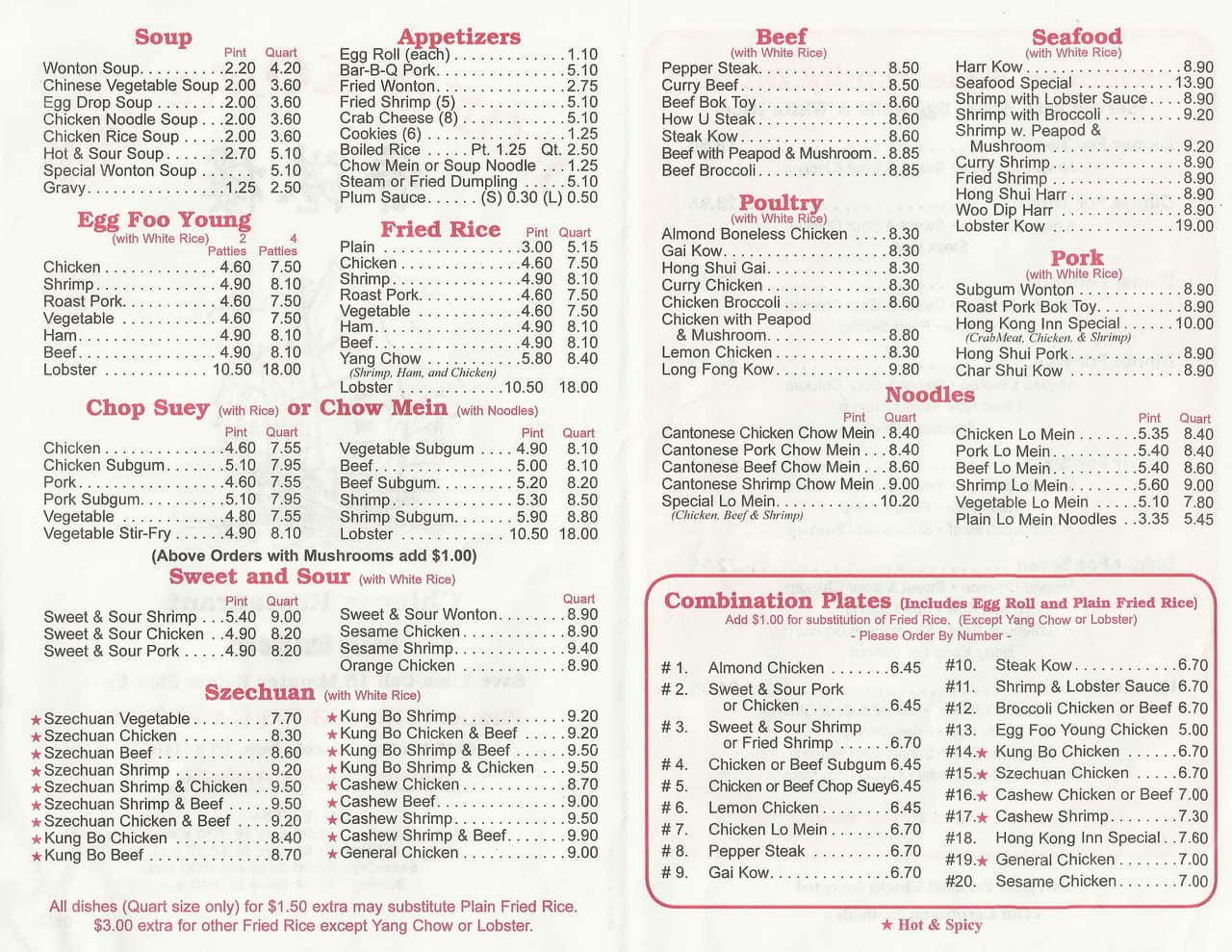 Menu at Hong Kong Inn restaurant, Lincoln Park