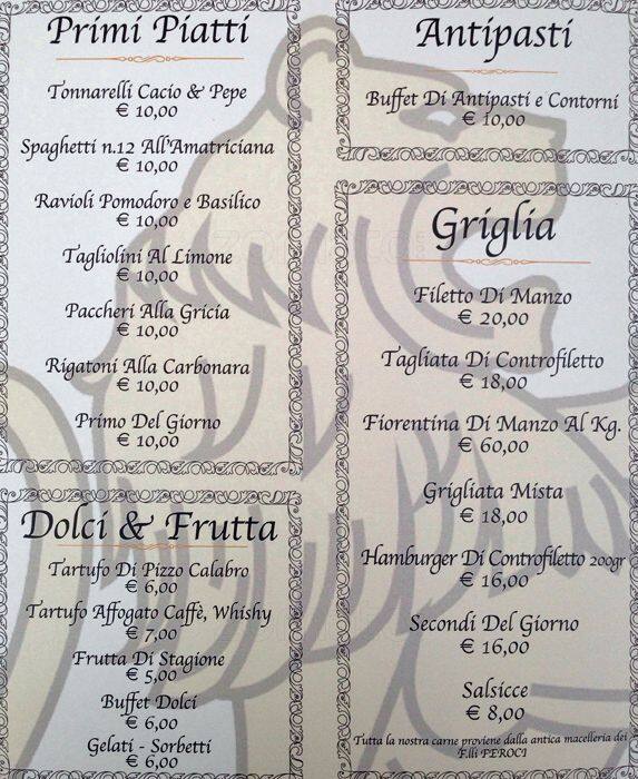 Menu di Chalet Villa Flaminia 