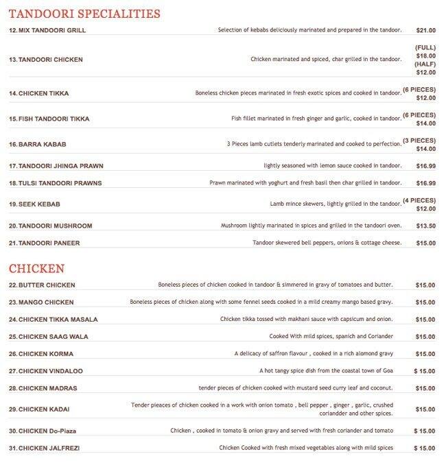Coriander traditional Indian tandoori cuisine menu