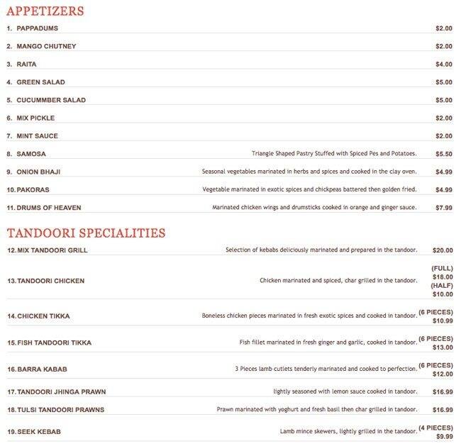 Coriander traditional Indian tandoori cuisine menu