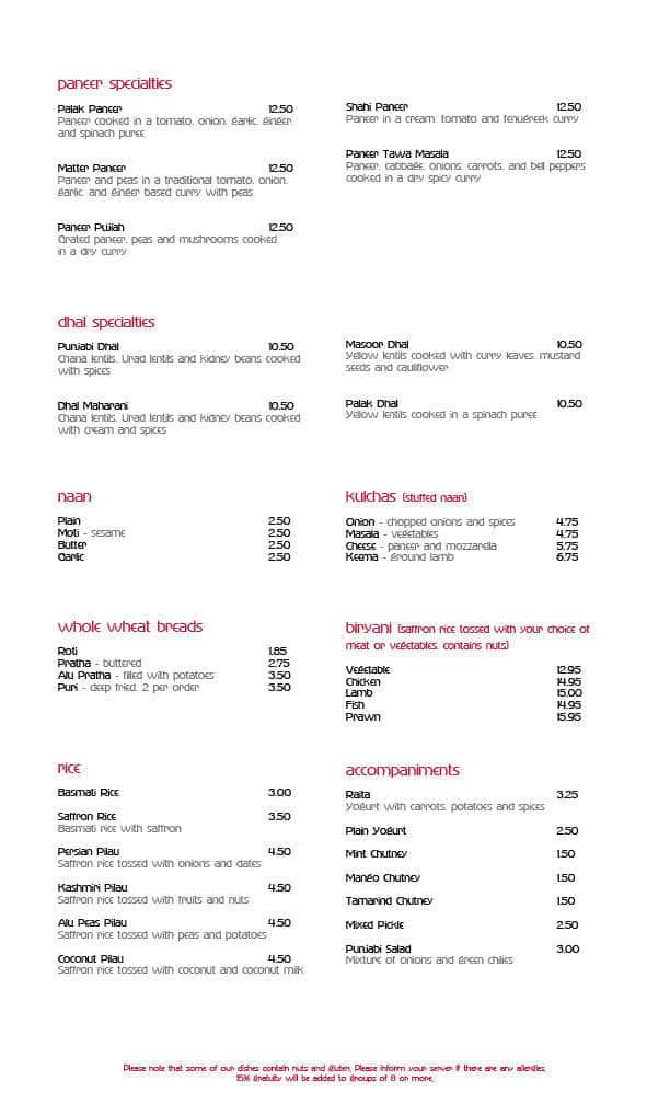 Moti Mahal Restaurant menu