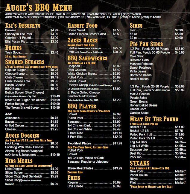 Augie's Barbed Wire Smoke House Menu Urbanspoon/Zomato