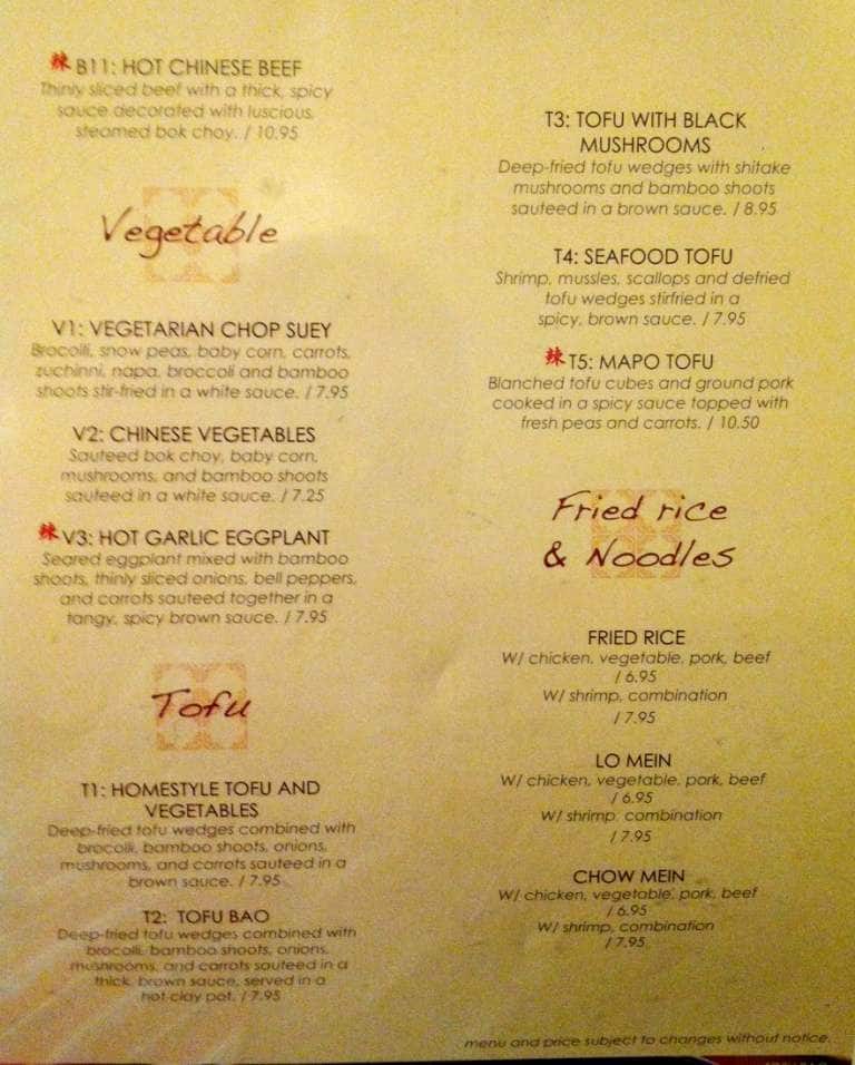 Menu at Chopsticks restaurant, Tulsa