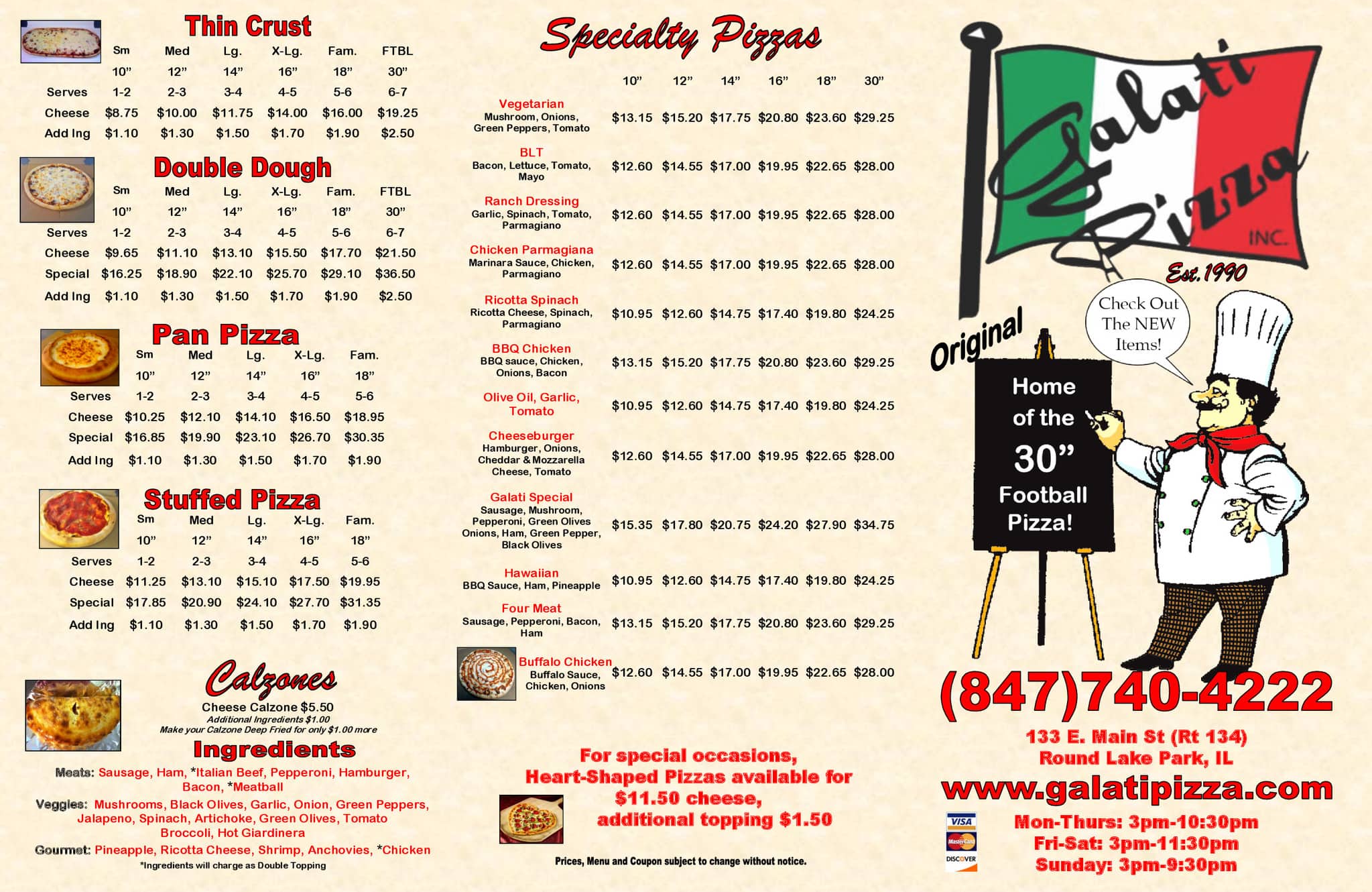 Menu of Galati Pizza, Round Lake Park, Round Lake