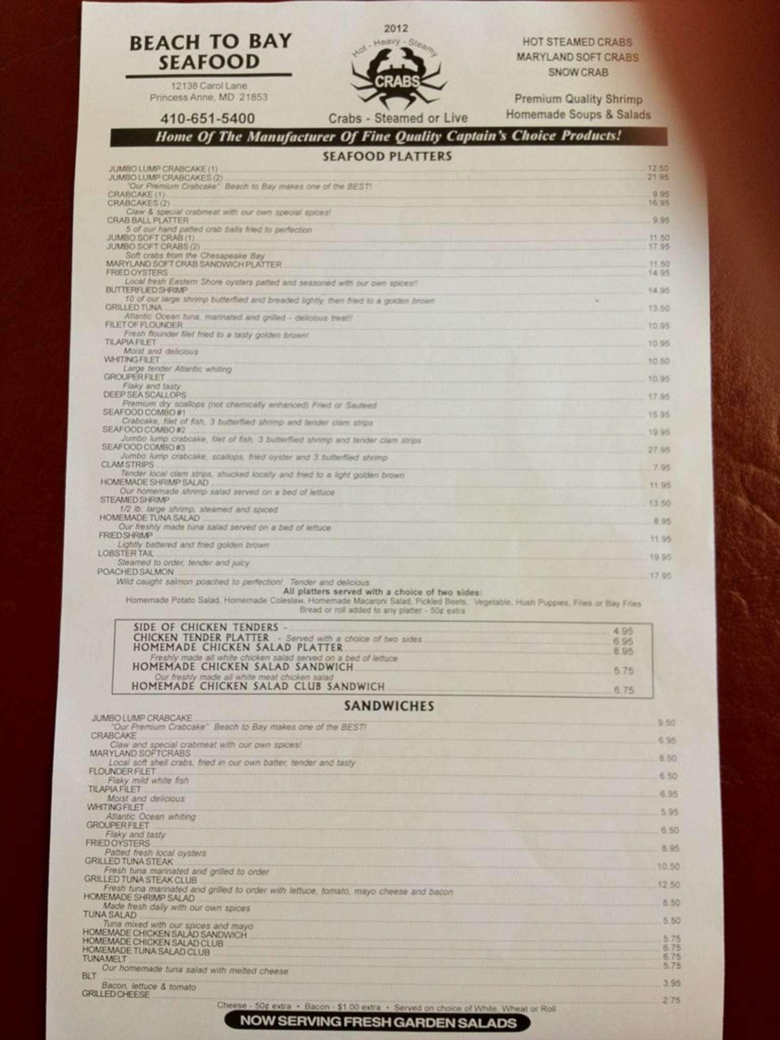 Menu at Beach to Bay restaurant, Princess Anne