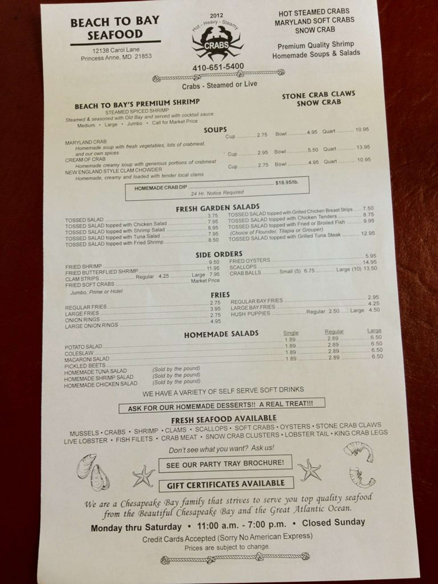 Menu at Beach to Bay restaurant, Princess Anne