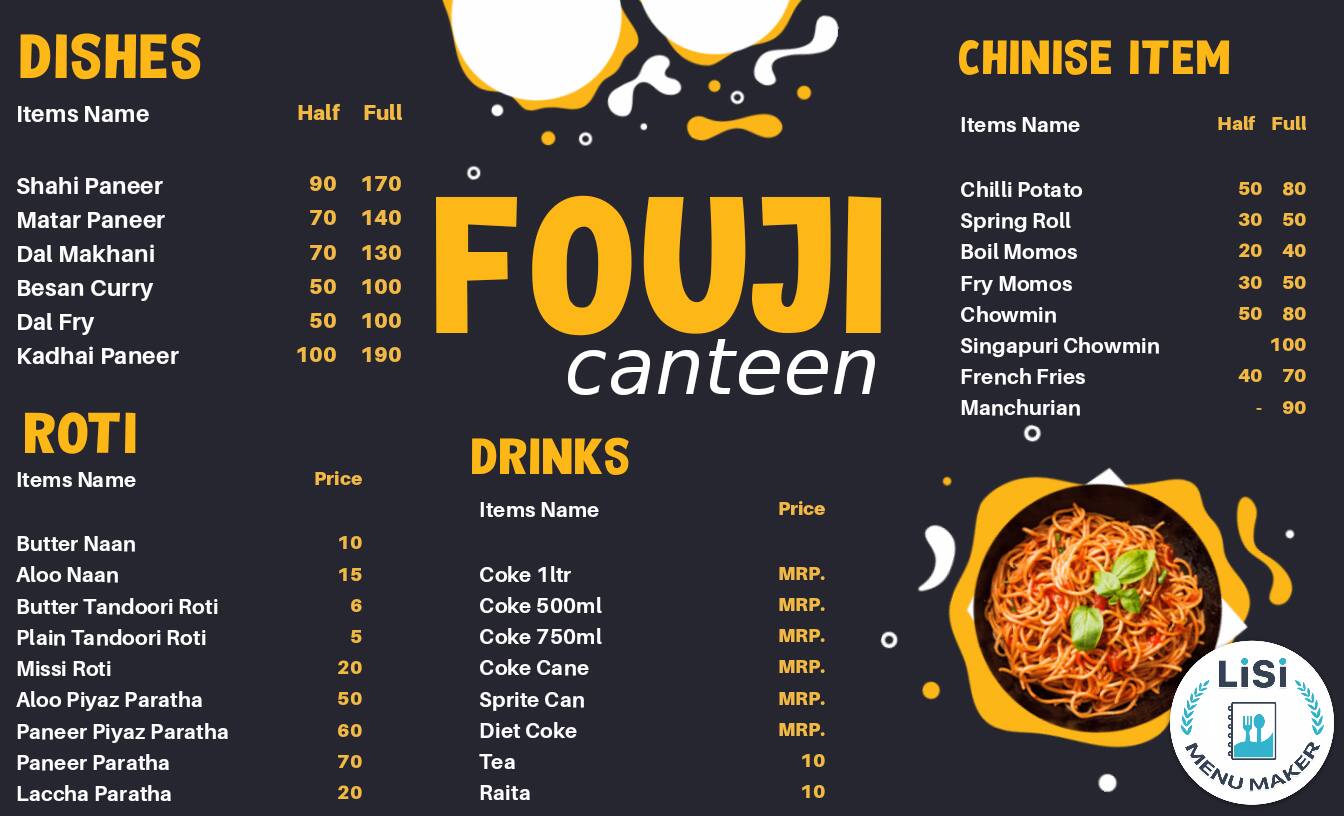 Menu of Fauji Canteen, Durga Puri, New Delhi