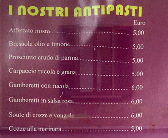 Menu di Bar Trattoria Pasolini 
