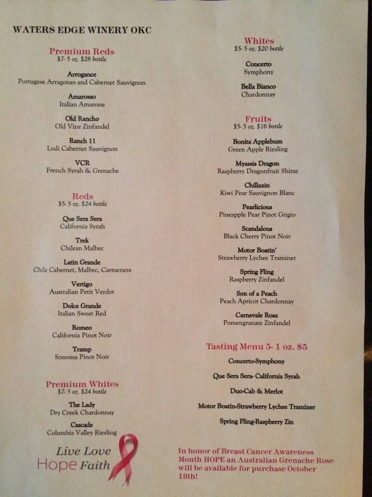 Waters Edge Winery Menu, Menu for Waters Edge Winery, Midtown, Oklahoma