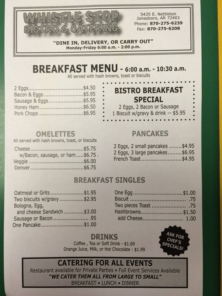Menu at Whistle Stop Bistro & Catering steakhouse, Jonesboro