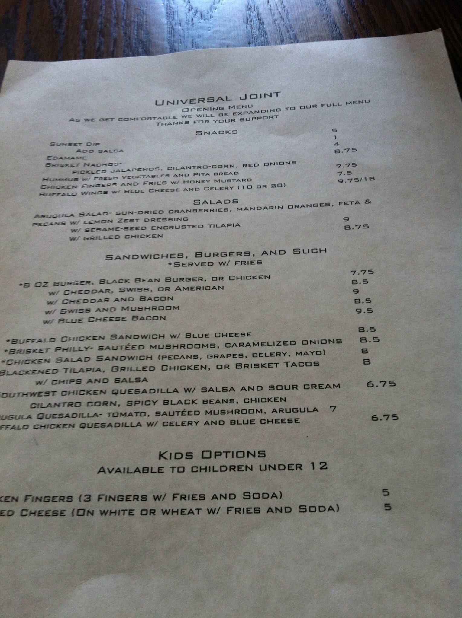 Menu at Universal Joint restaurant, Chattanooga