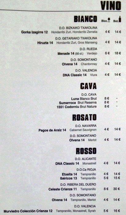 Menu di Bar De Tapas 