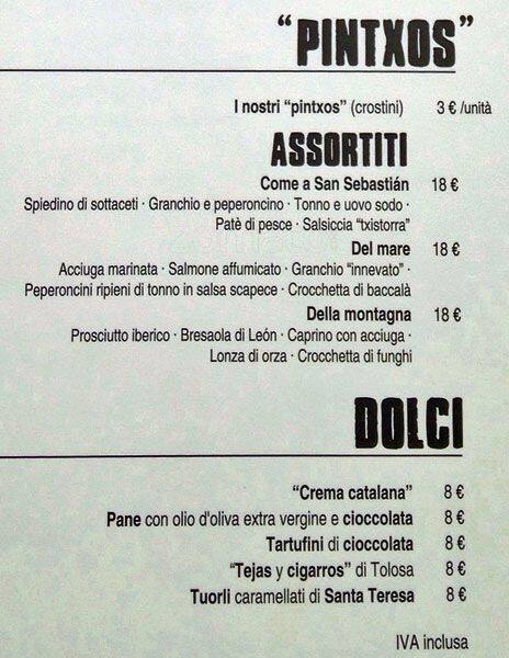 Menu di Bar De Tapas 