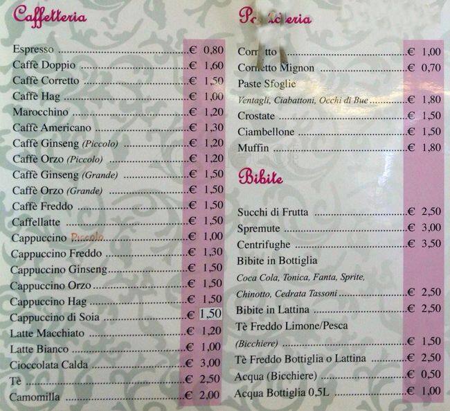 Carta de Millano Caffè