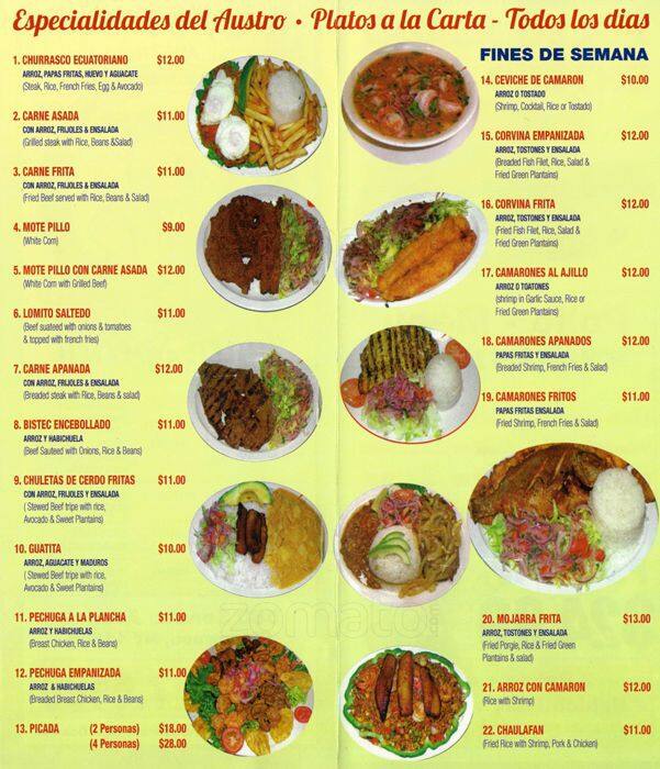 Menu at El Sabor Del Austro restaurant, New York City
