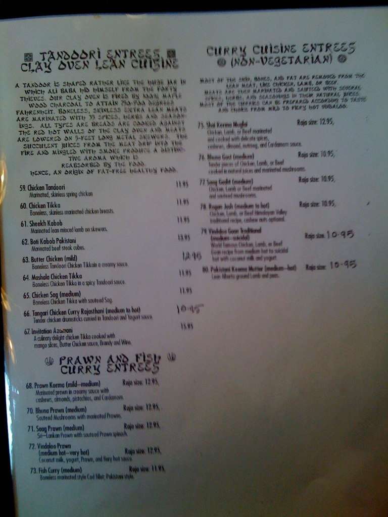Moughal Mahal menu