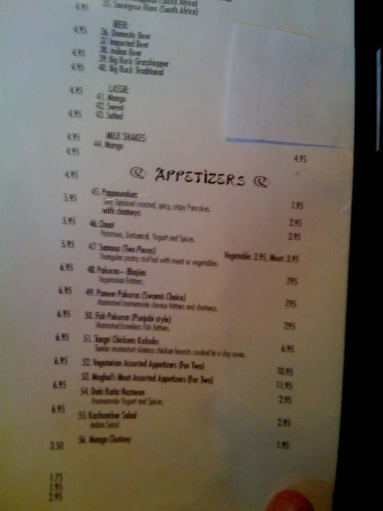 Moughal Mahal menu