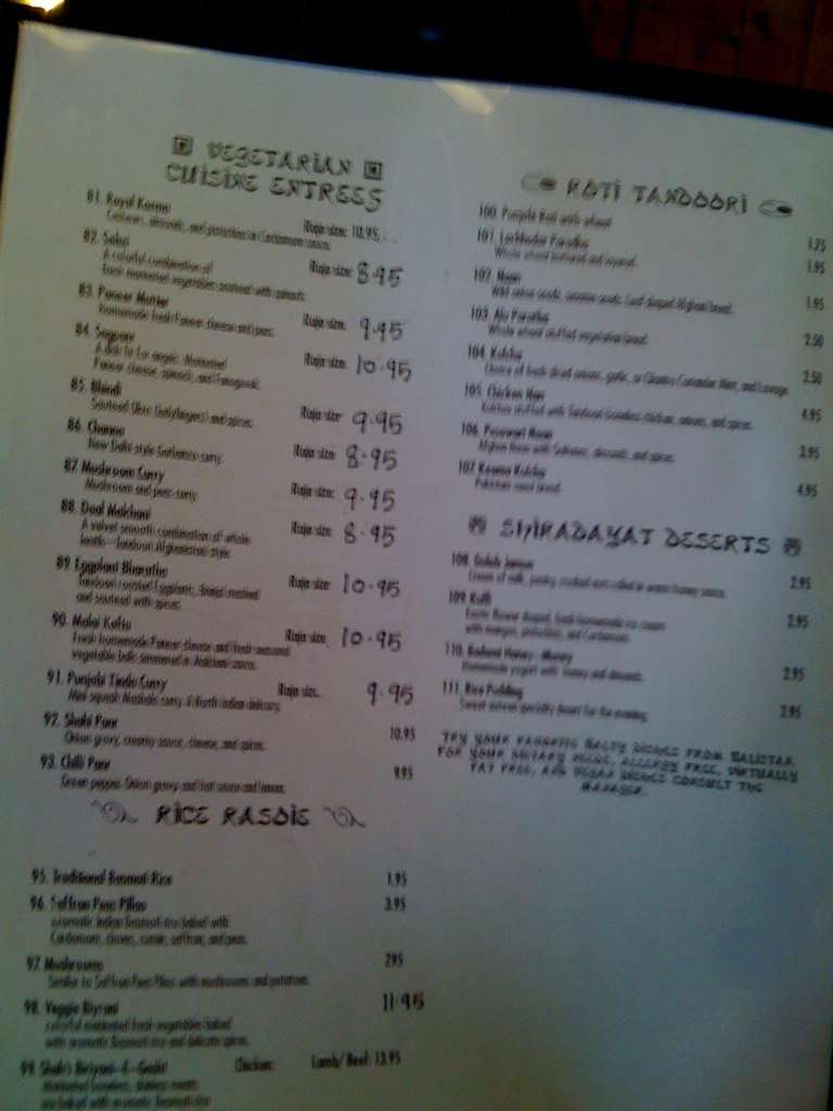 Moughal Mahal menu