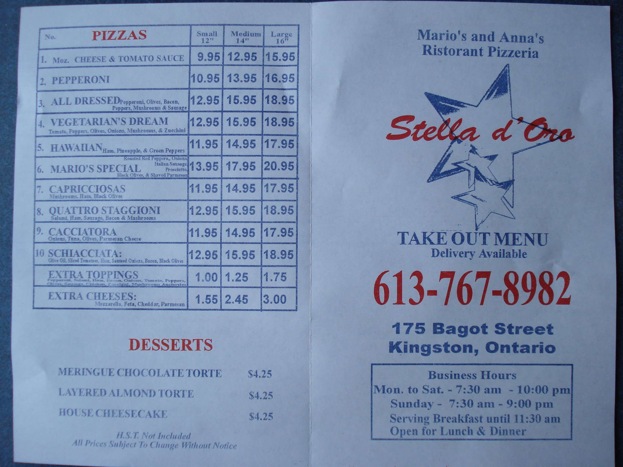 Stella D'Oro Menu, Menu for Stella D'Oro, Kingston, Kingston