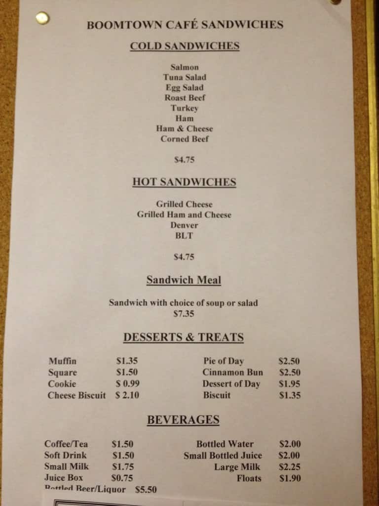 Menu at Boomtown Cafe, Saskatoon