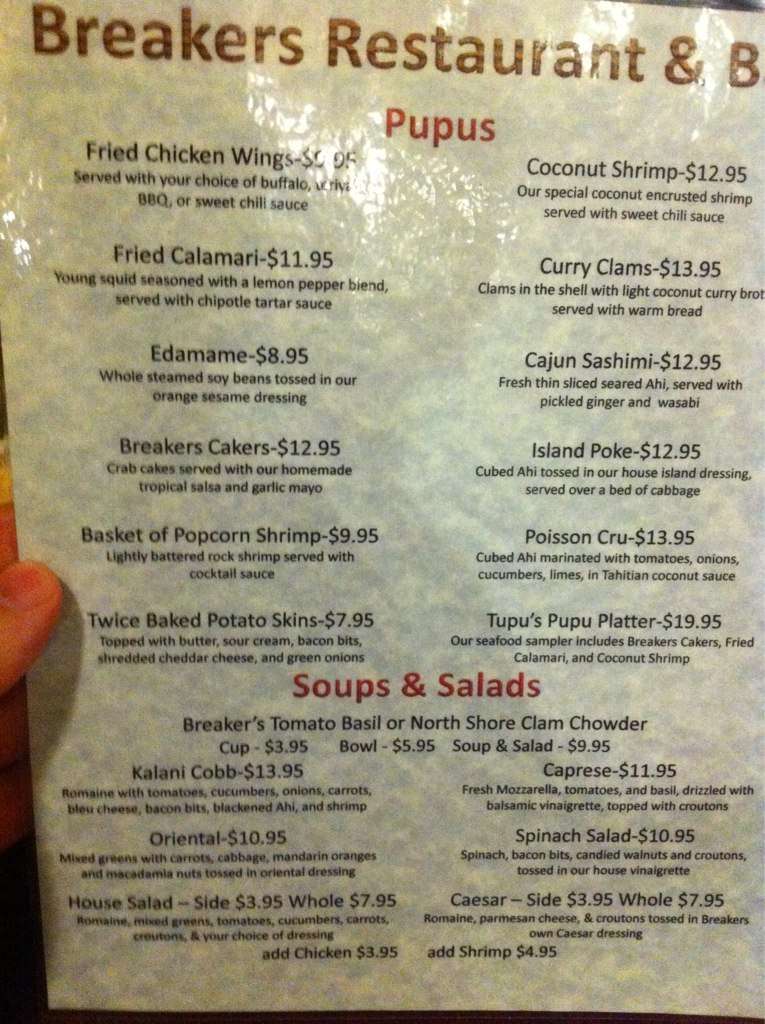 Menu at Breakers Restaurant & Bar, Haleiwa