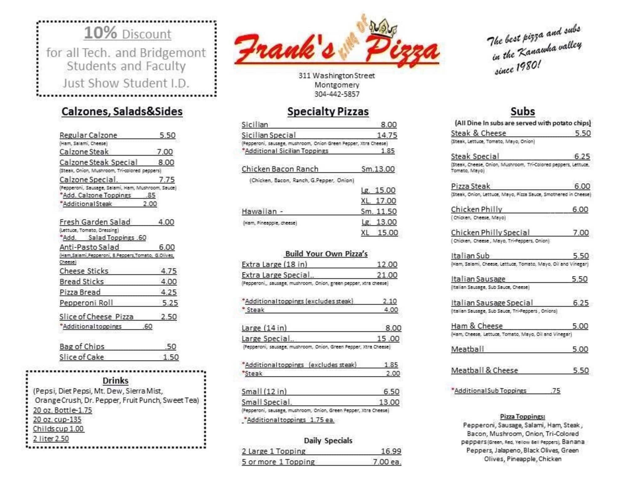 Frank's Pizza Menu,Menú para Frank's Pizza, Montgomery, Charleston