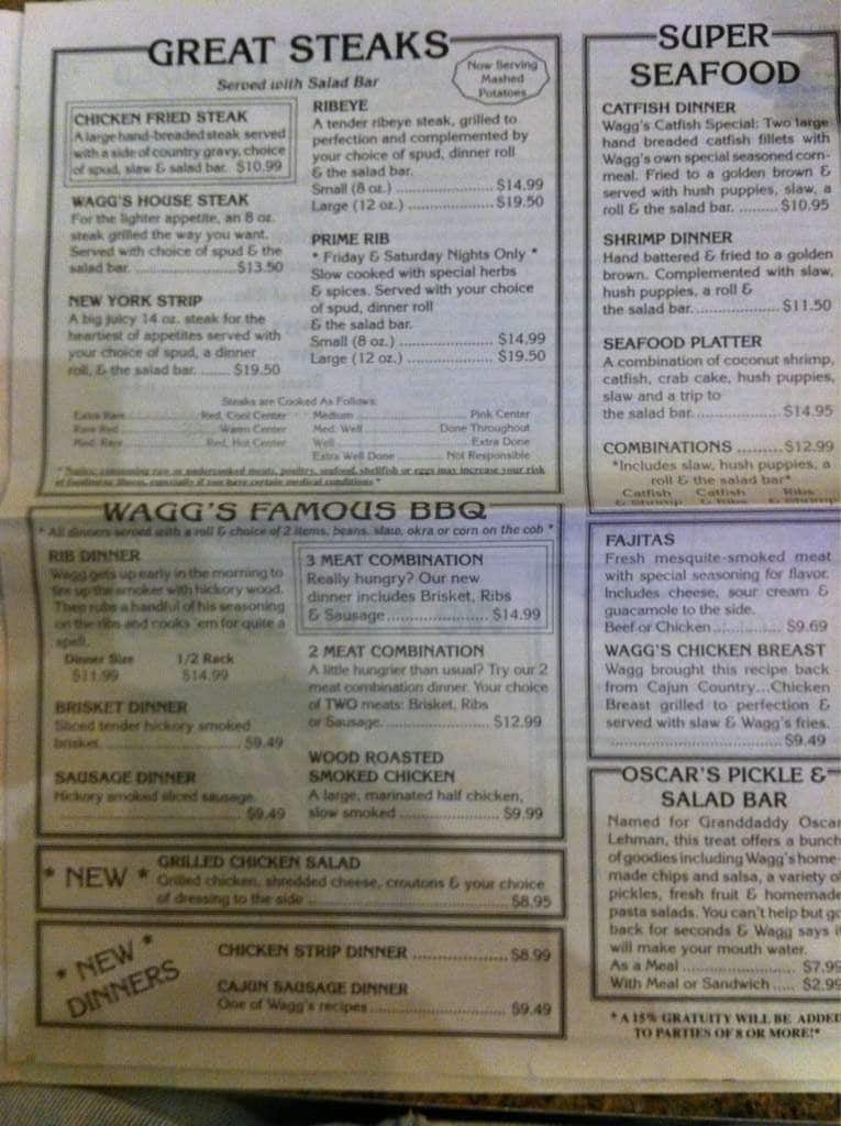 Menu at Wagg's BarBQ, Woodward