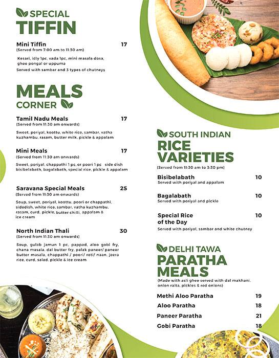 Saravana deals bhavan menu