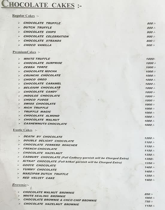 Baker's Treat menu