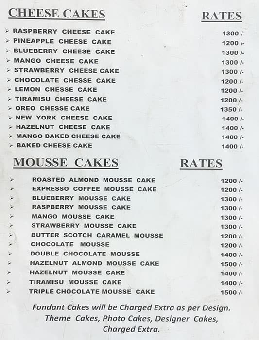 Baker's Treat menu
