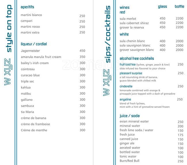 W XYZ Aloft Hotel Menu, Menu for W XYZ Aloft Hotel, Whitefield