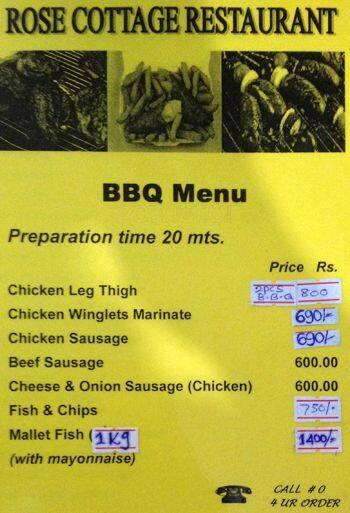 Rose Cottage menu
