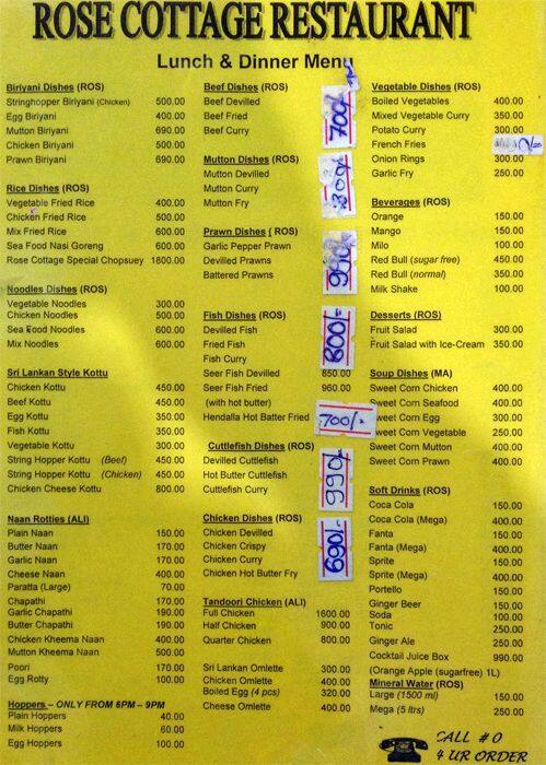 Rose Cottage menu