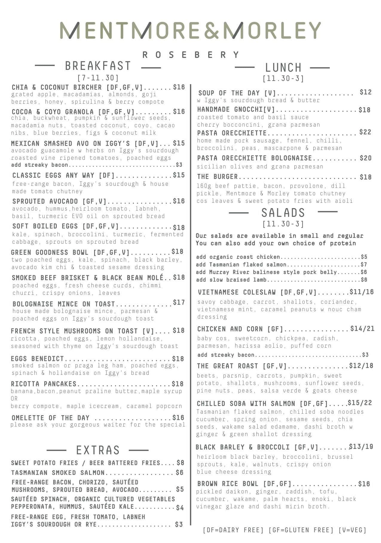 Mentmore & Morley Menu, Menu for Mentmore & Morley, Rosebery, Sydney