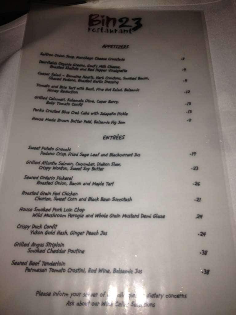 Menu at Bin 23 Restaurant, Guelph