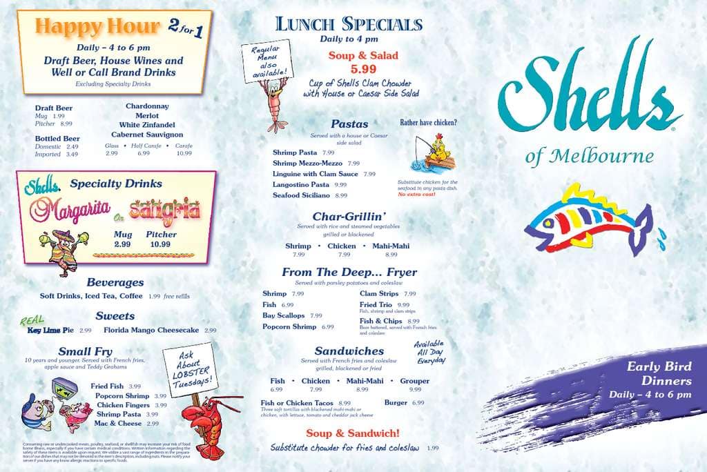 Menu at Shells restaurant, Melbourne