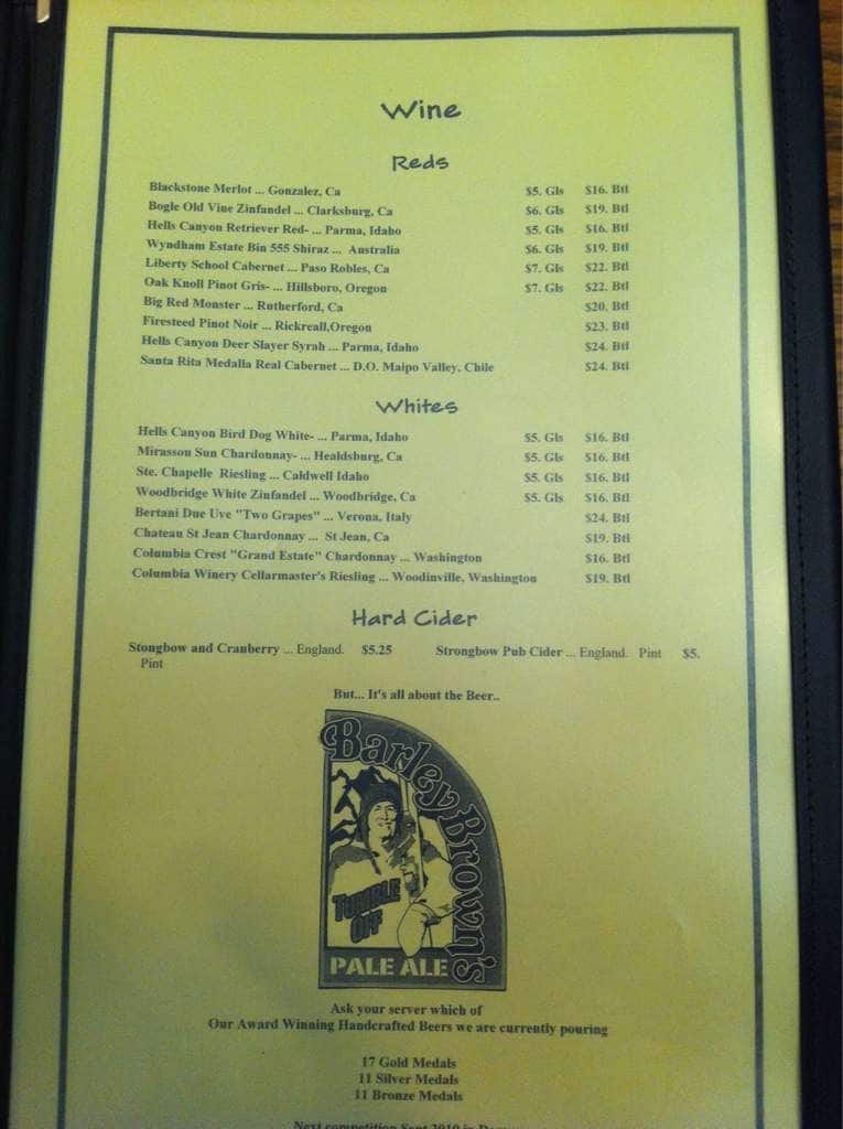 Menu at Barley Brown's Brew Pub, Baker City
