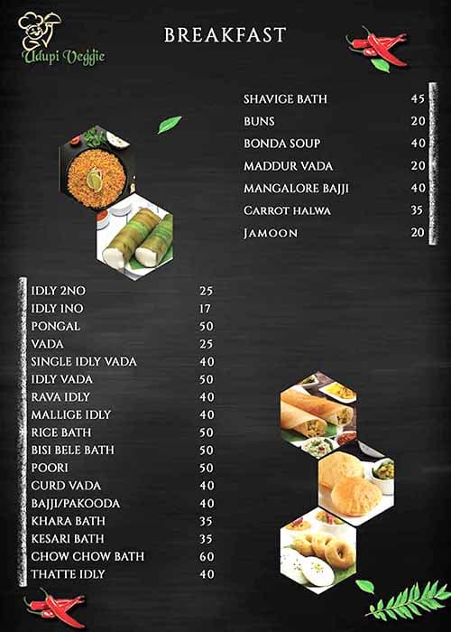 Menu at Udupi Veggie, Bengaluru