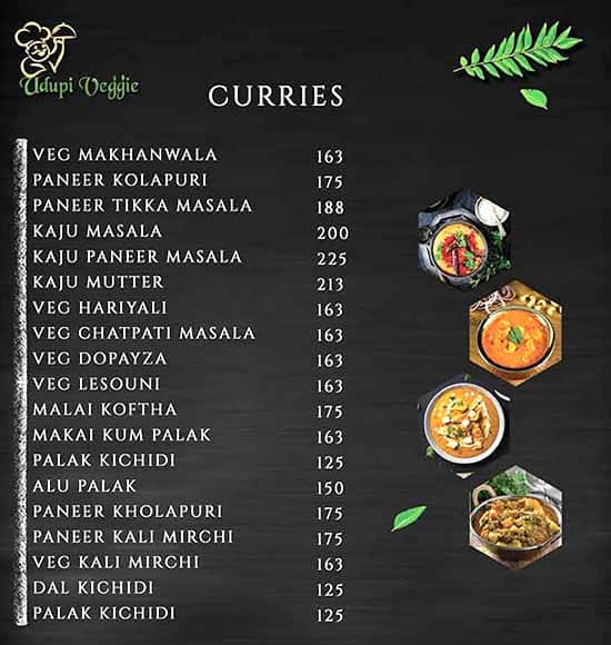 Menu at Udupi Veggie, Bengaluru