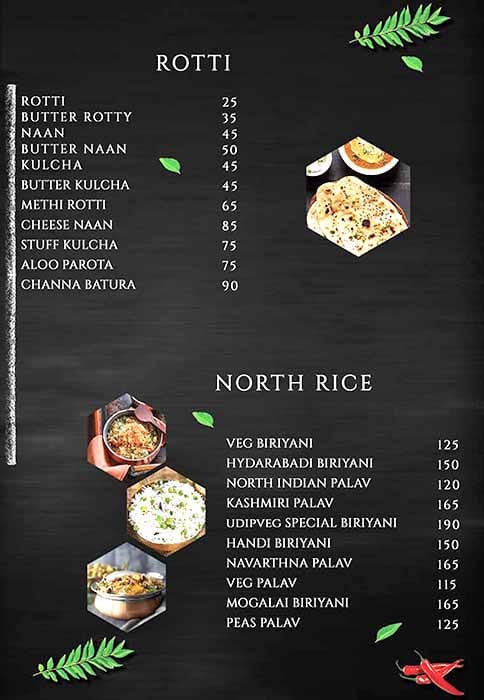 Menu at Udupi Veggie, Bengaluru