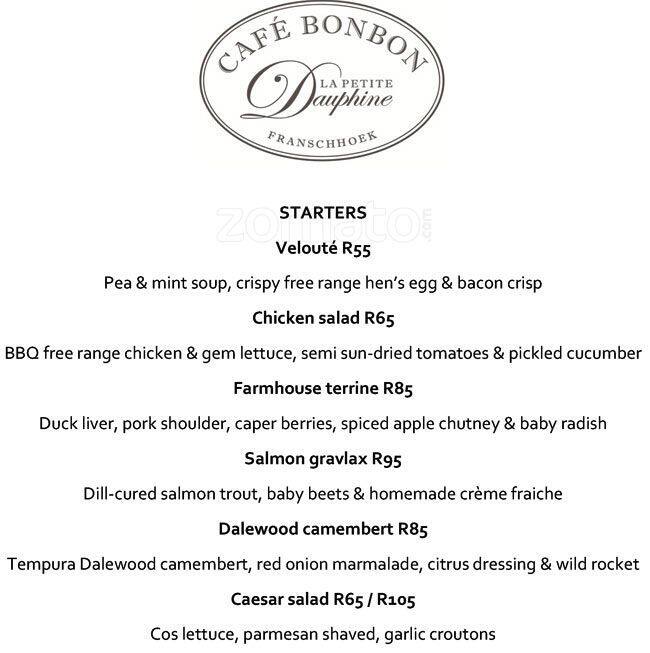 Cafe Bon Bon Menu, Menu for Cafe Bon Bon, Franschhoek