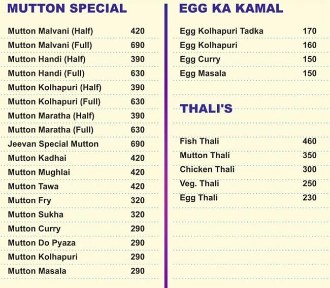 Jeevan Family Restaurant menu