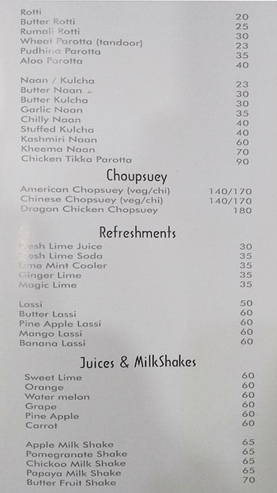 Firdouse Restaurant menu