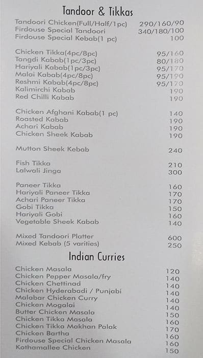 Firdouse Restaurant menu