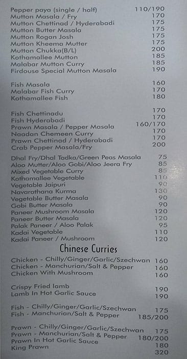 Firdouse Restaurant menu