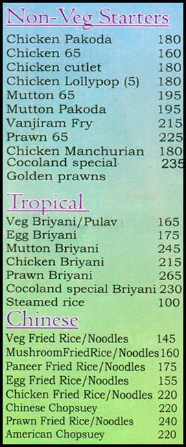 Cocolands menu