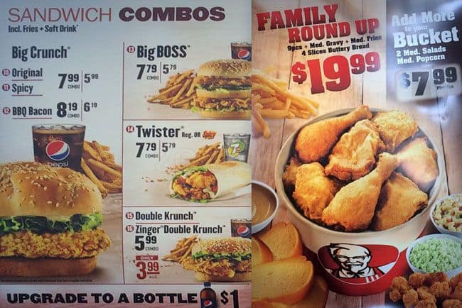 Menu at KFC restaurant, Bowmanville, 209 King St E