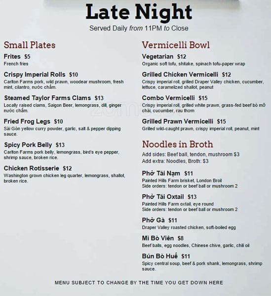 Menu at Ba Bar Capitol Hill, Seattle