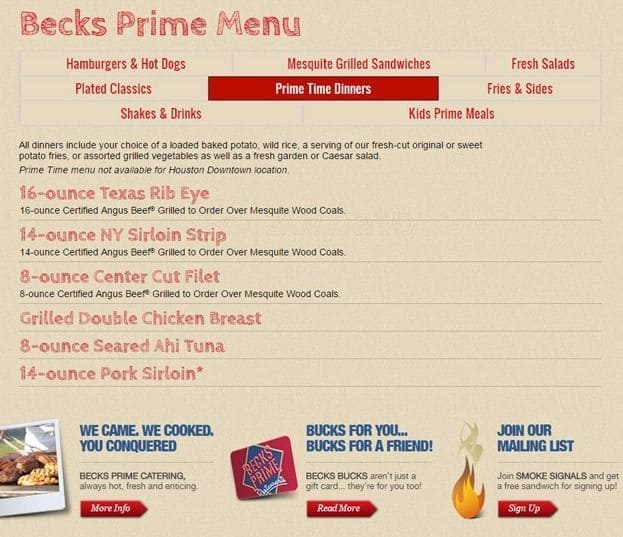 Menu at Becks Prime restaurant, Sugar Land, Hwy 6